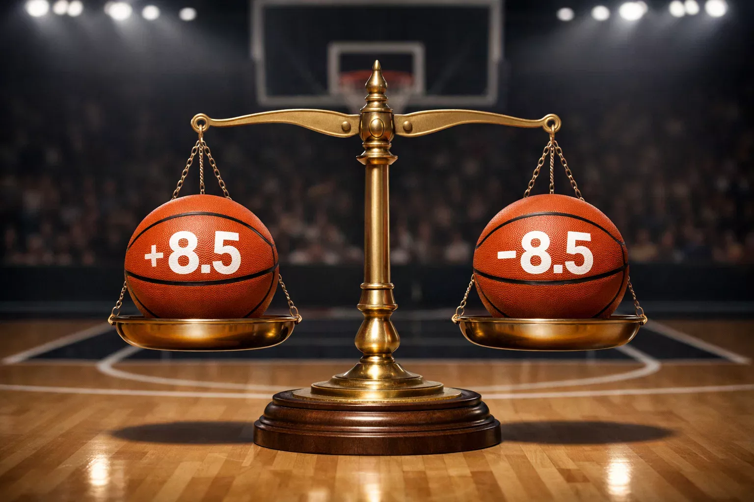 Symbolische Darstellung von Handicap-Wetten mit zwei Basketball-Teams auf einer Waage