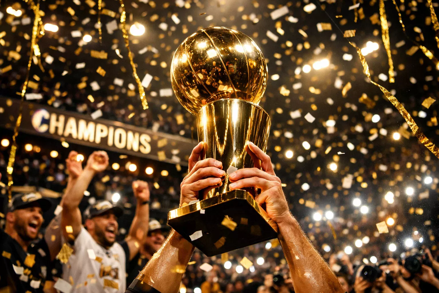 Basketball-Team erhält Meisterschaftspokal bei der Siegerehrung in der Arena
