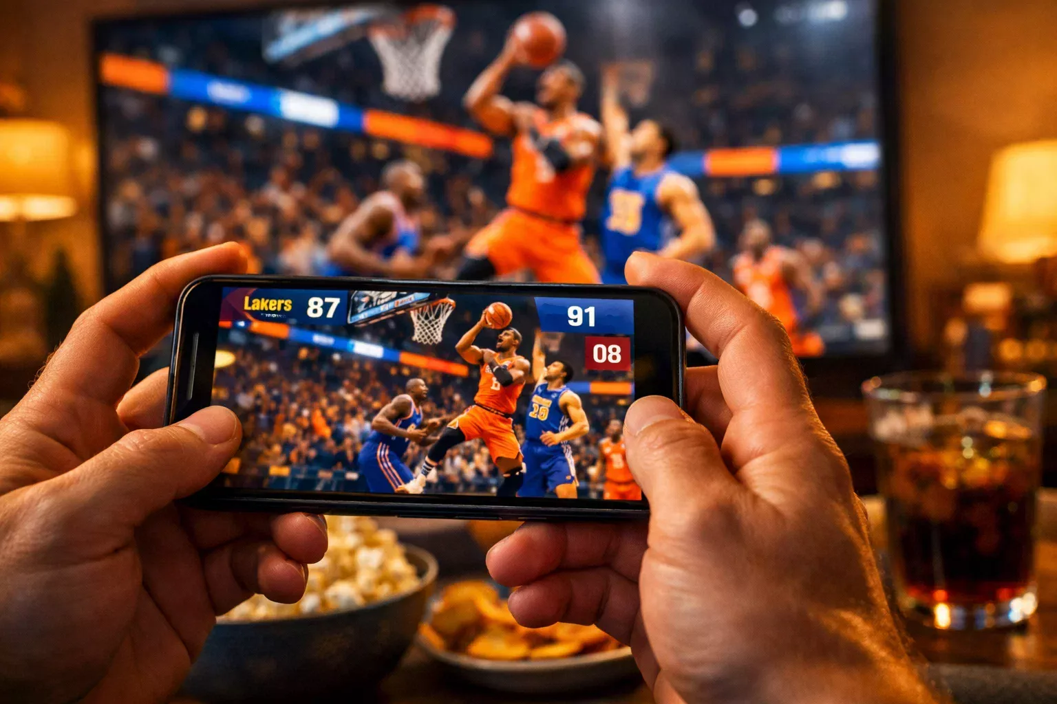 Smartphone mit Live-Basketballspiel und Fernseher im Hintergrund für Live-Wetten