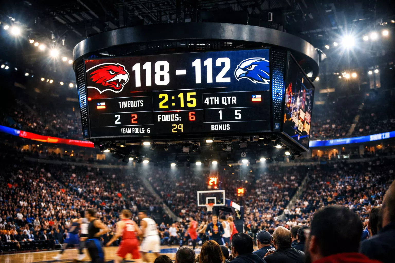 Basketball-Anzeigetafel zeigt hohen Spielstand während eines dynamischen Spiels
