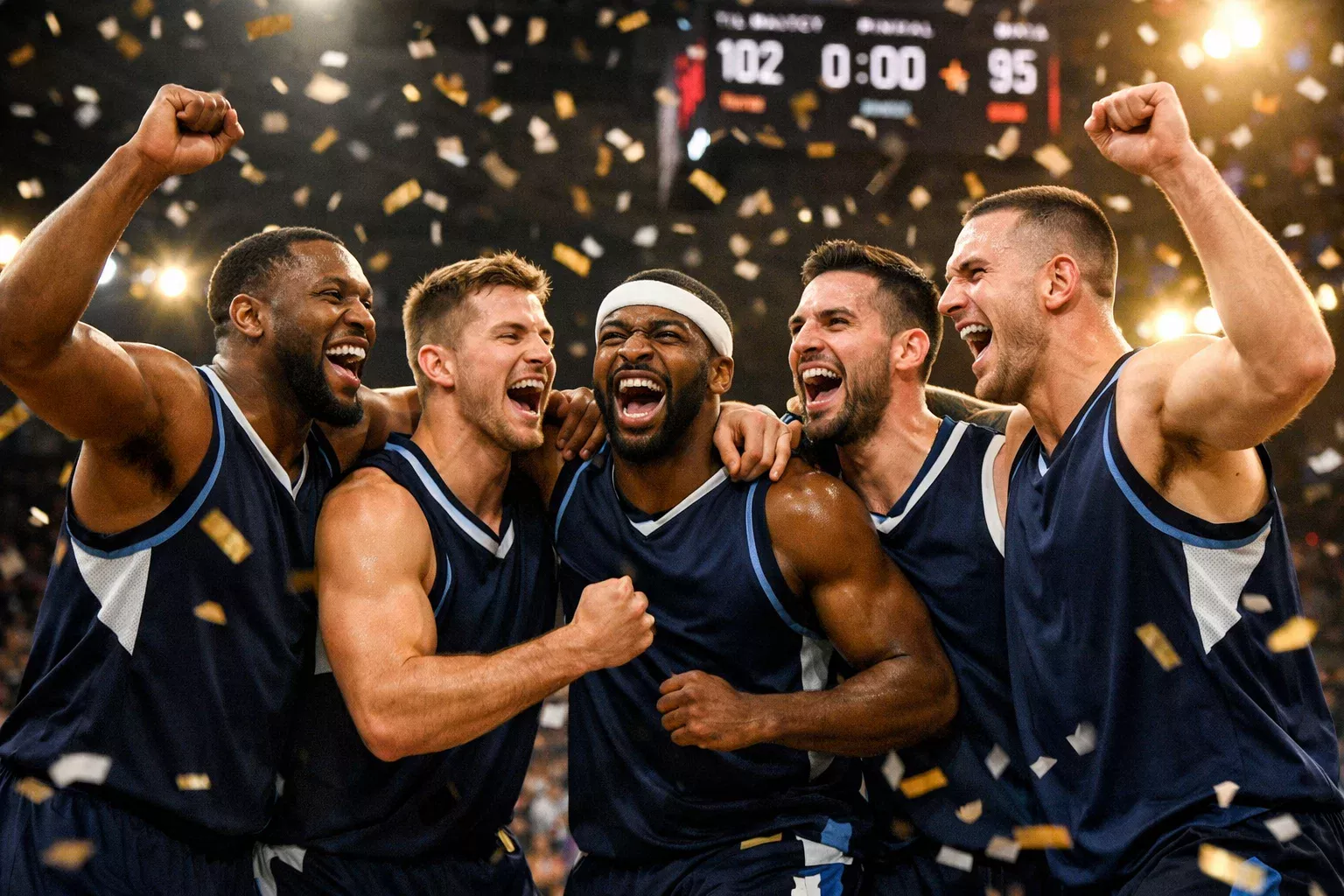 Basketball-Team feiert gemeinsam einen wichtigen Sieg auf dem Spielfeld