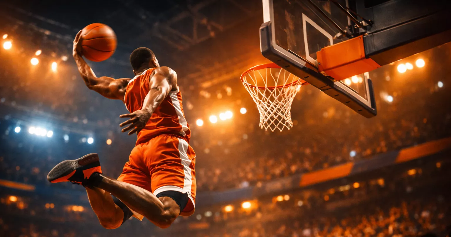Dynamischer Slam Dunk während eines professionellen Basketballspiels in einer voll besetzten Arena