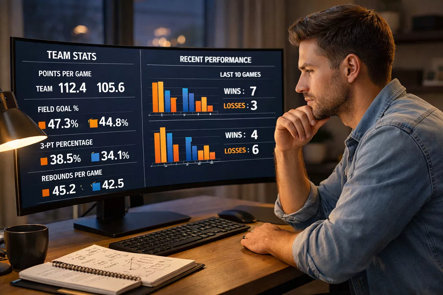 Mann analysiert Basketball-Statistiken am Computer für strategische Wettentscheidungen