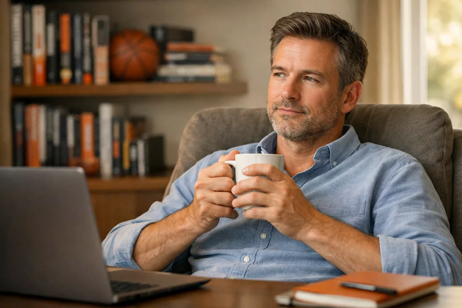 Nachdenklicher Mann macht eine Pause vom Laptop, symbolisiert besonnenes Wetten