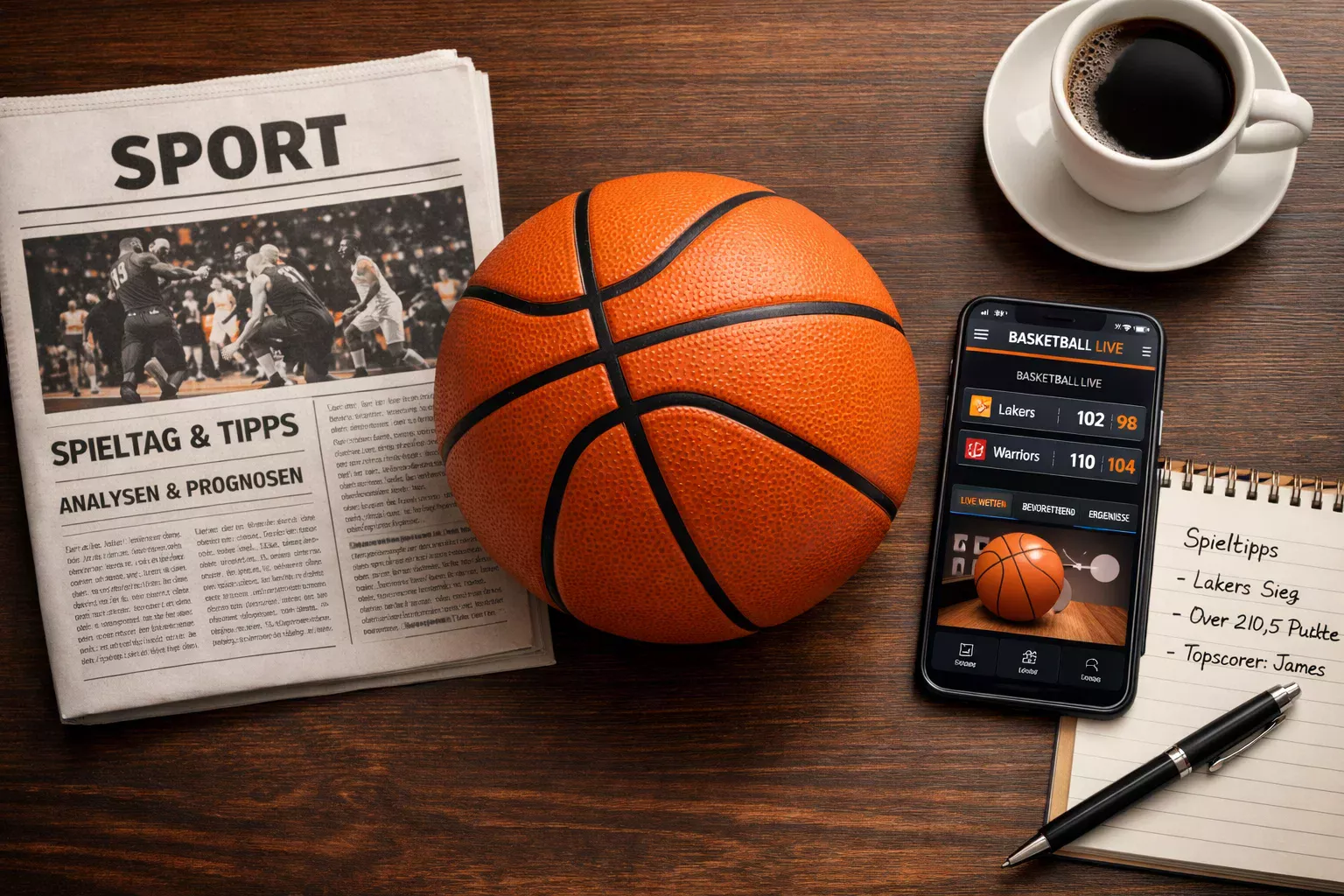 Schreibtisch mit Basketball, Sportzeitung, Smartphone und Notizen für Wettanalyse