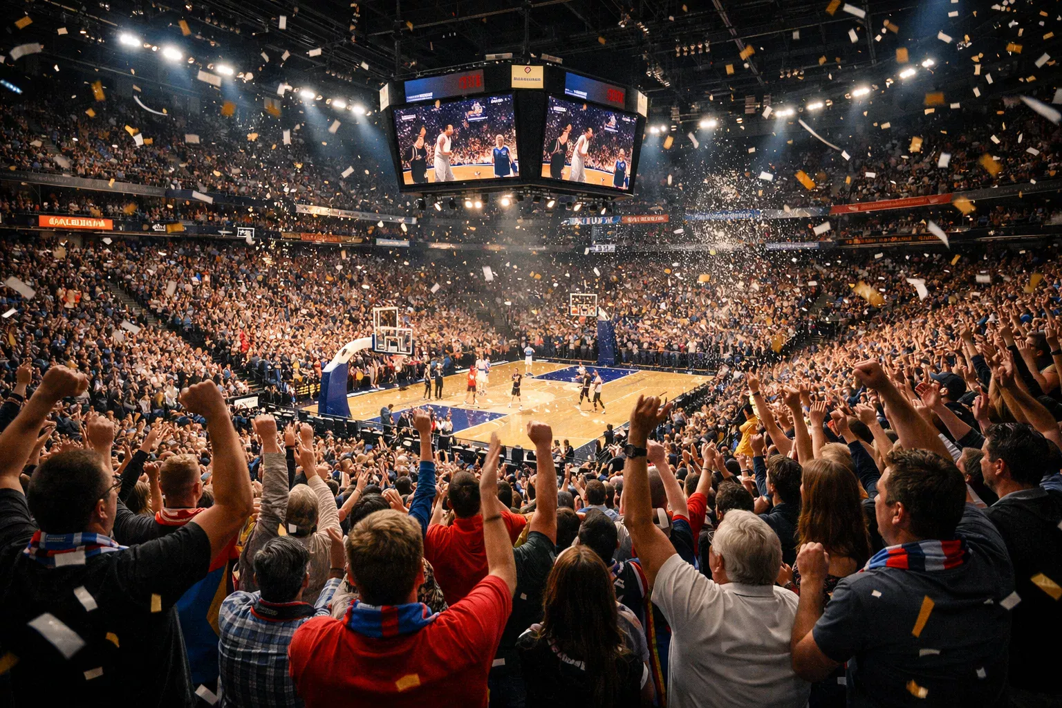 Intensiver Spielmoment während eines BBL-Playoff-Spiels mit aufgeregten Fans in der Arena