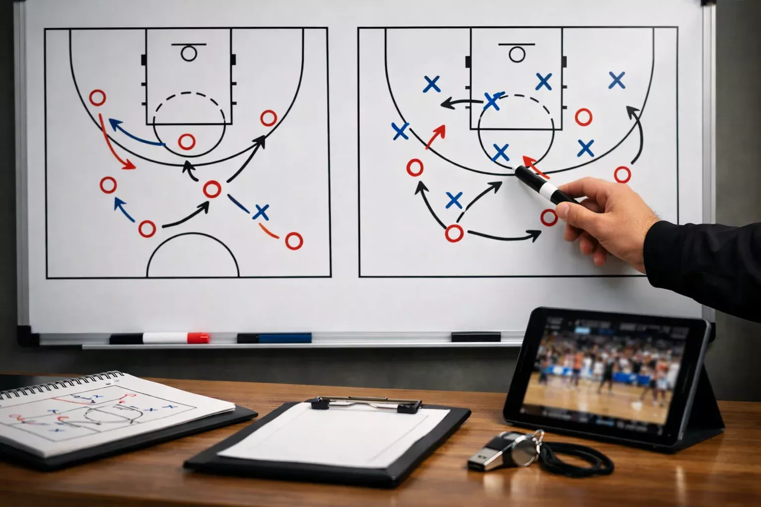 Detaillierte Basketballtaktik-Analyse mit Spielzügen auf einem Whiteboard und Notizen