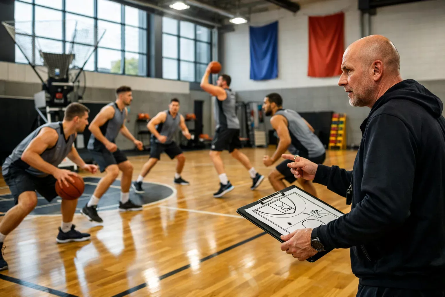 Professionelle Basketballmannschaft beim intensiven Training in einer modernen Sporthalle