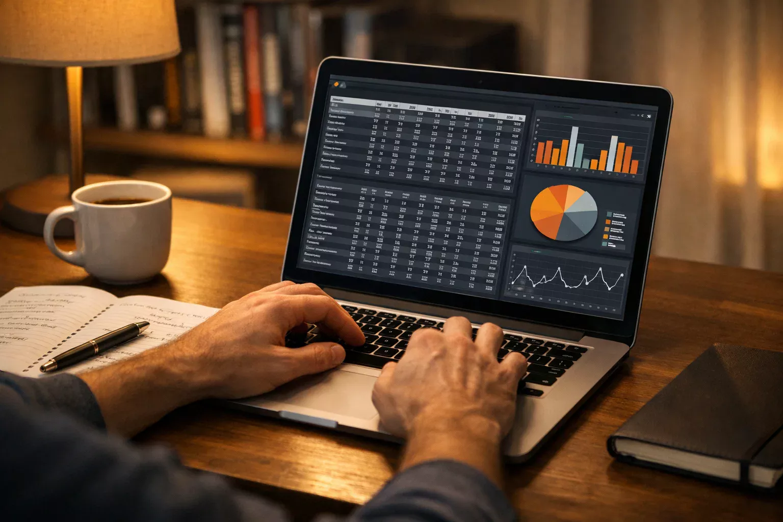 Person analysiert Basketball-Statistiken und Wettquoten auf einem Laptop mit Notizblock