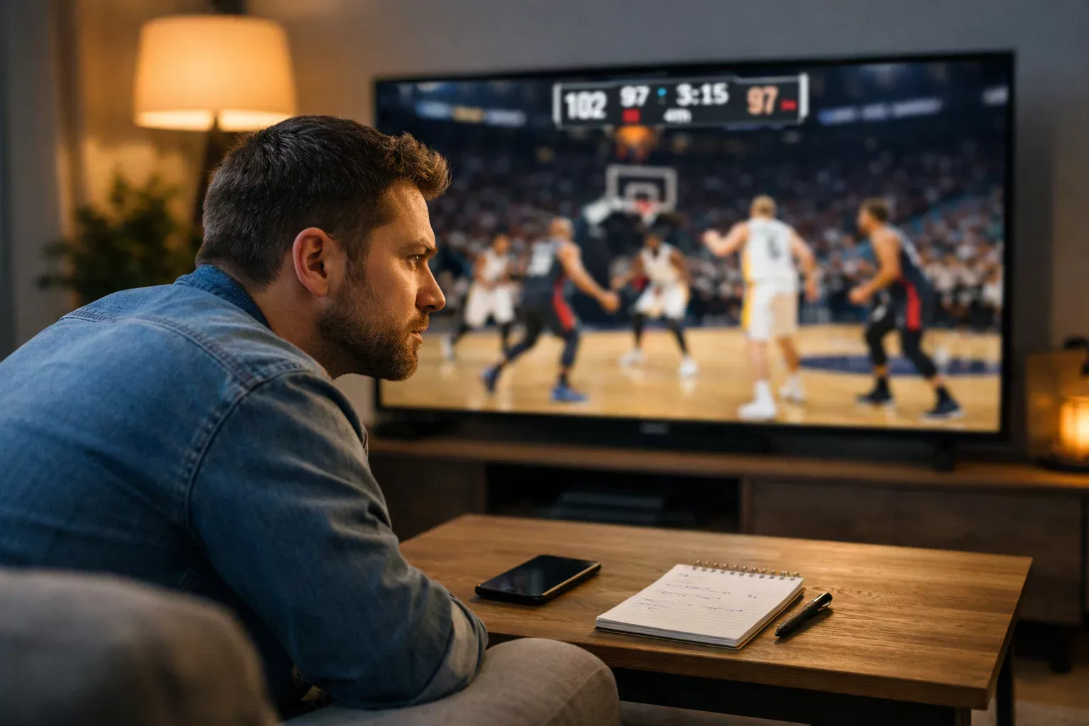 Konzentrierter Sportfan verfolgt intensiv ein Basketball-Spiel auf großem Fernseher im Wohnzimmer
