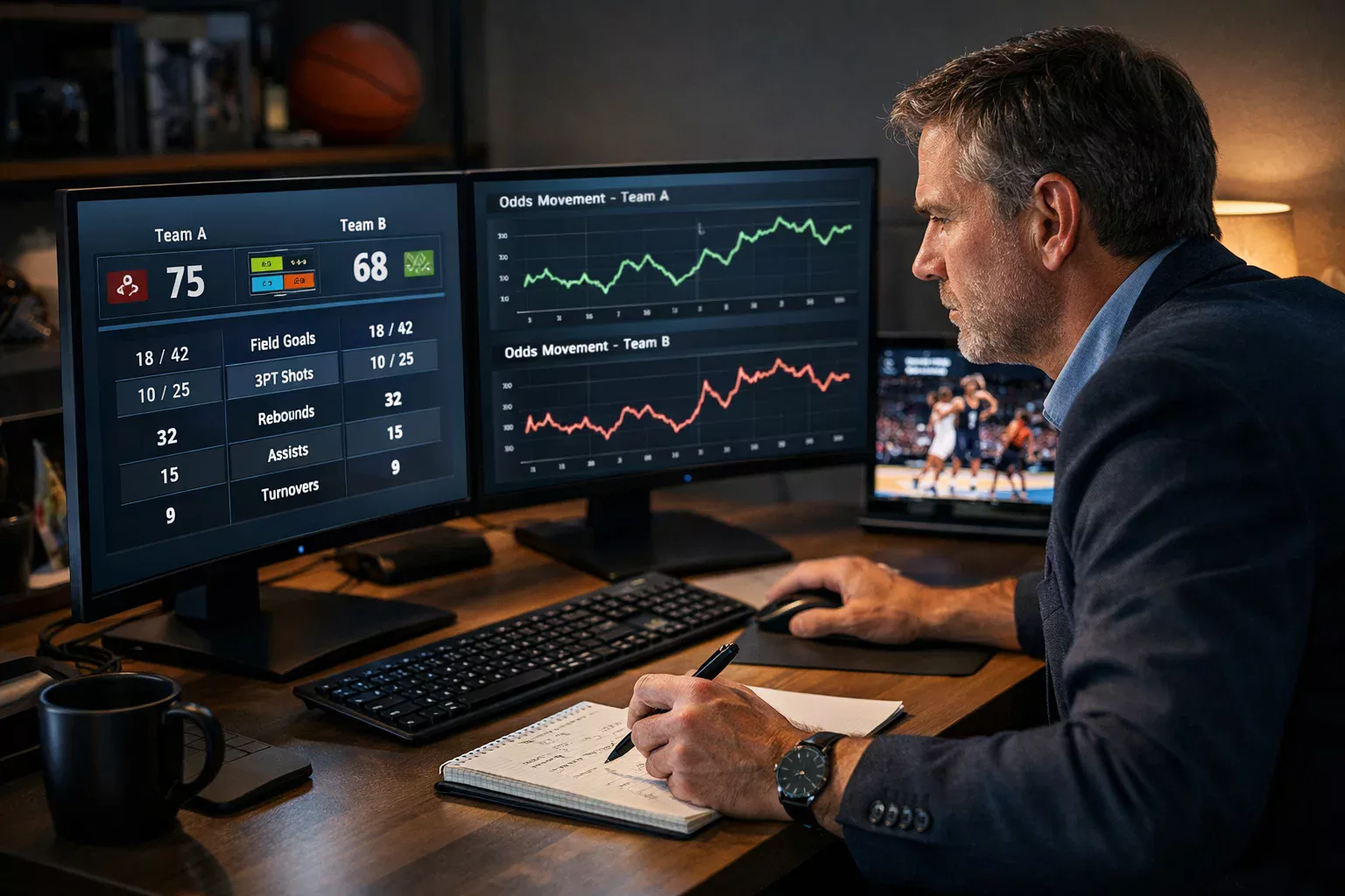 Sportanalyst studiert Live-Statistiken und Quoten auf mehreren Bildschirmen während eines Basketball-Spiels