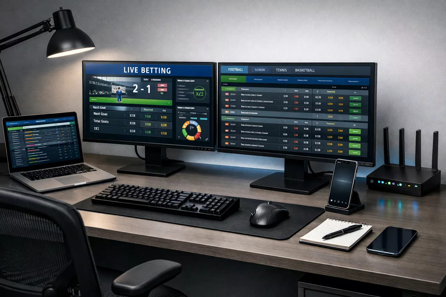 Professioneller Arbeitsplatz mit mehreren Monitoren, Laptop und Smartphone für Live-Sportwetten
