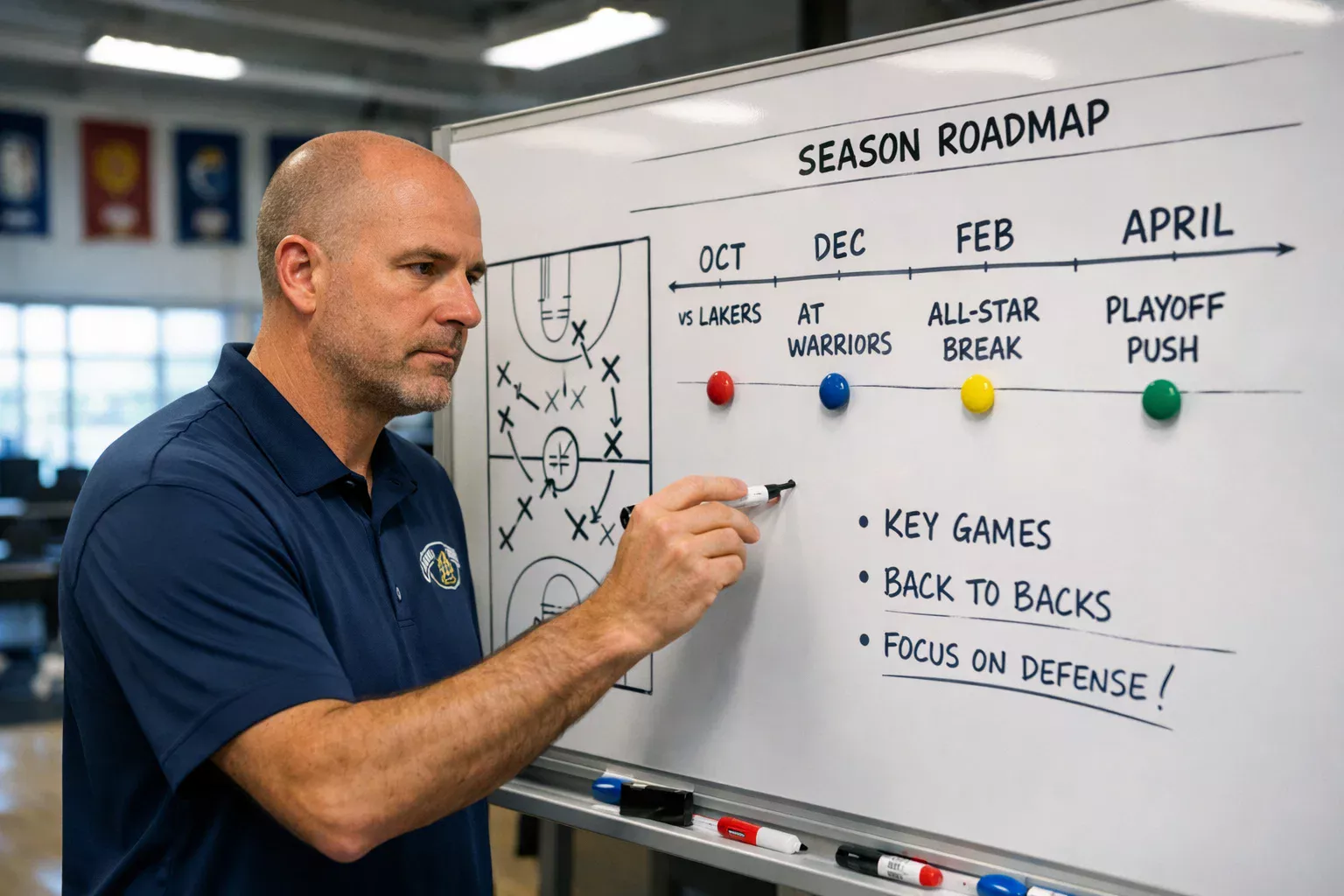 Trainer plant NBA-Saisonverlauf mit Team-Strategie am Taktikbrett