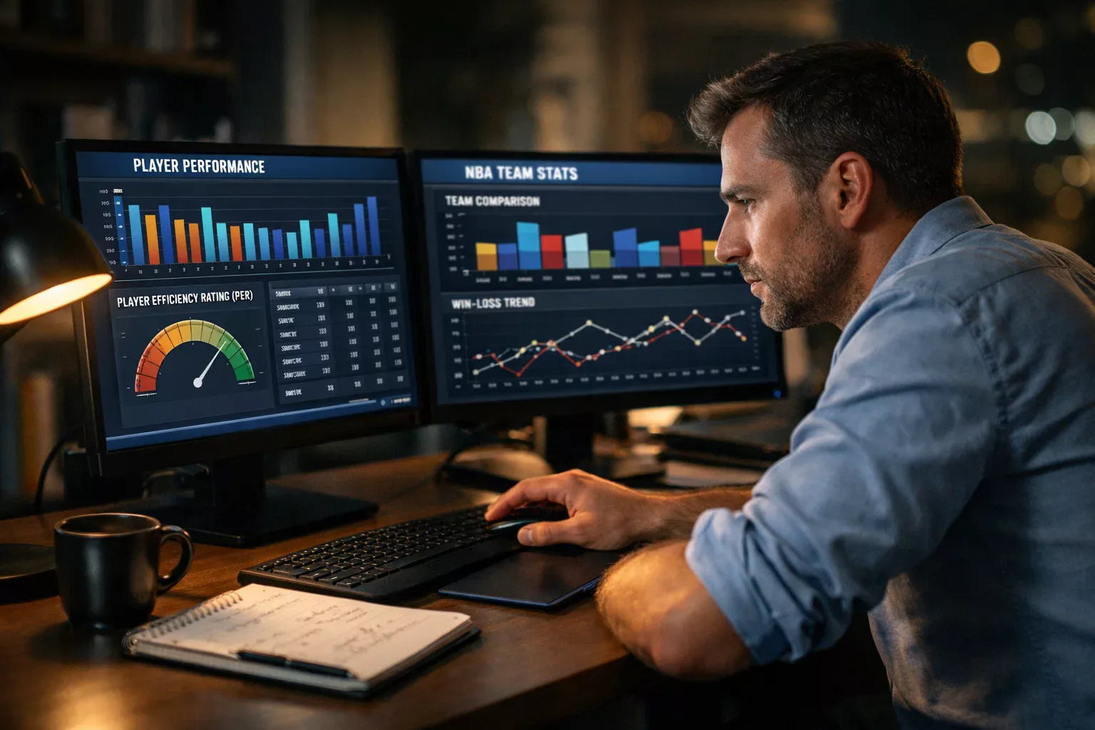 Sportanalyst studiert NBA-Statistiken und Spielerdaten am Laptop für Wettstrategien