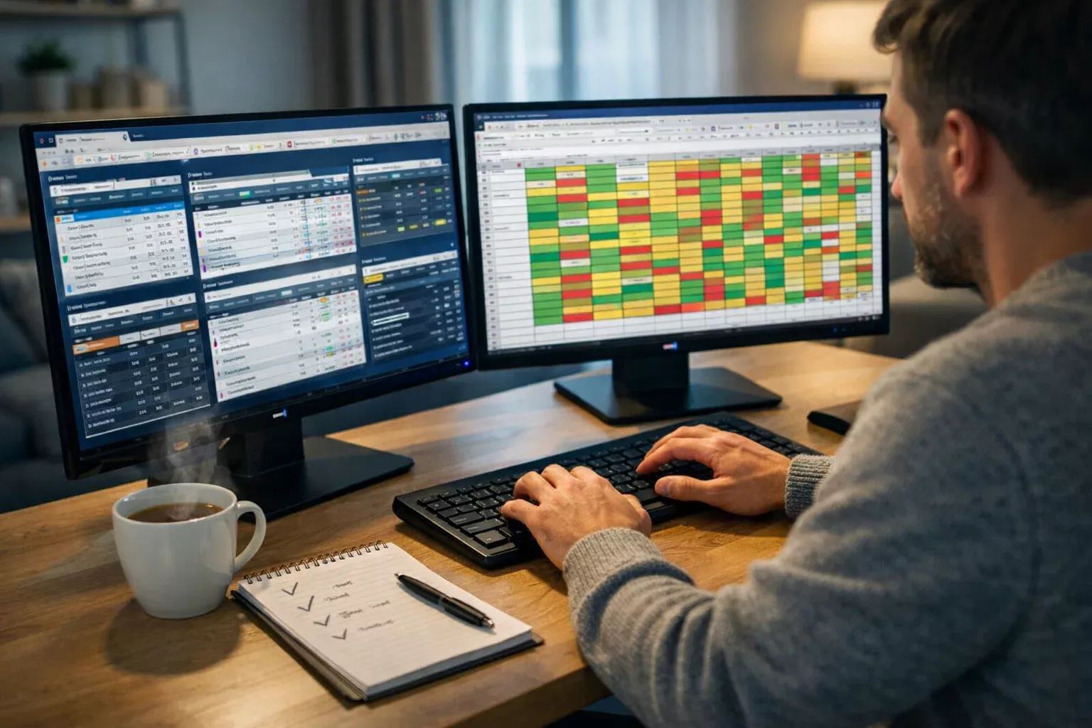 Analytiker vergleicht Sportquoten auf mehreren Bildschirmen für Value-Betting-Strategie